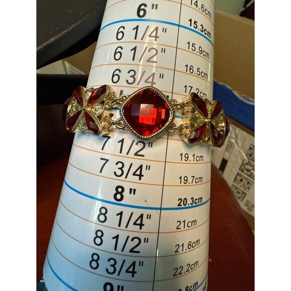 Napier Faceted Red & Yellowish Rhinestone Gold-Tone Bracelet 7" - Picture 5 of 5